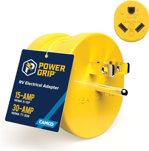 Camco PowerGrip Camper/RV Adapter - Features a 15-Amp Male (NEMA 5-15P) & 30-Amp Female (NEMA TT-30R) Connection - Rated for 125V/1875W (55223)