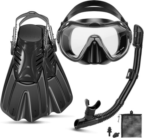 Snorkeling Gear for Adults, 4 in 1 Travel Size Mask Fins Snorkel Set with Panoramic View Anti Fog Mask, Dry Top Snorkel, Trek Fins and Travel Bag, Snorkel Gear for Swimming Diving Snorkeling