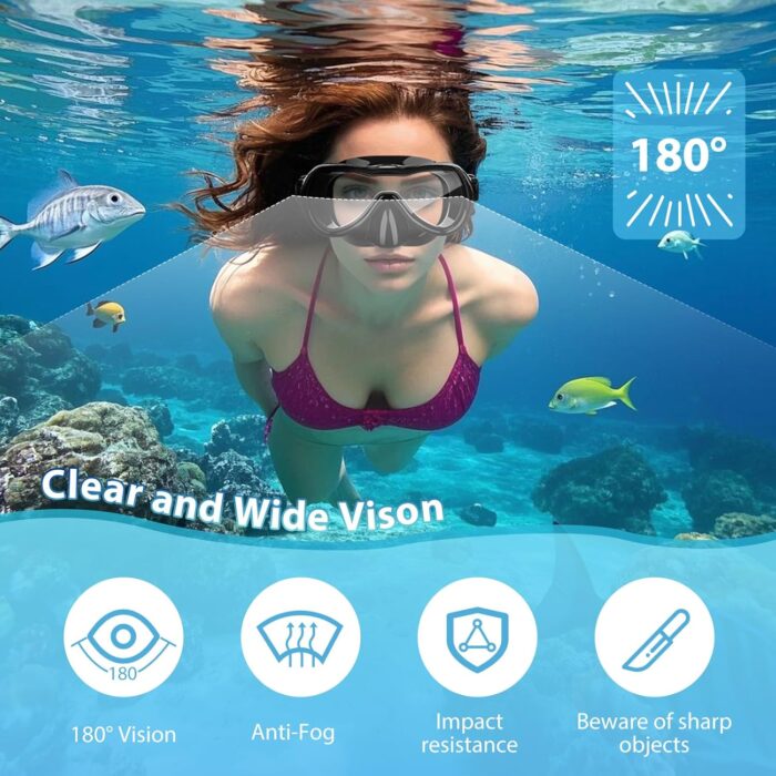 Snorkeling Gear for Adults, Snorkel Mask Set 180° Anti-Fog Tempered Glass, Food-Grade Silicone Anti-Leak Scuba Gear with Dry-Top Snorkel, Diving Mask for Snorkeling, Swimming - Image 3