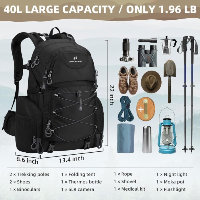 Maelstrom Hiking Backpack, 40L Waterproof Camping Daypack for Men and Women, Lightweight Travel Pack with Rain Cover-Black - Image 2