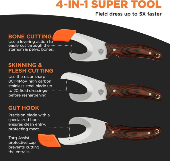 Field Dressing Kit | 4-in-1 Super Tool with Sheath & Sharpener | Skinning Knife for Hunting | Gut Hook | Deer Hunting Knife Set | Pakkawood - Image 2