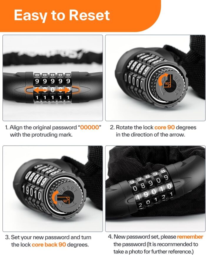 Sportneer Bike Lock: 5 Digit Combination High Security Anti Theft Bike Chain Lock - 3.2/3.6/4ft Heavy Duty Keyless Bicycle Lock for Bike, Motorcycle, Scooter, Door & Gate - 4/6mm Thick, Easy to Use - Image 6