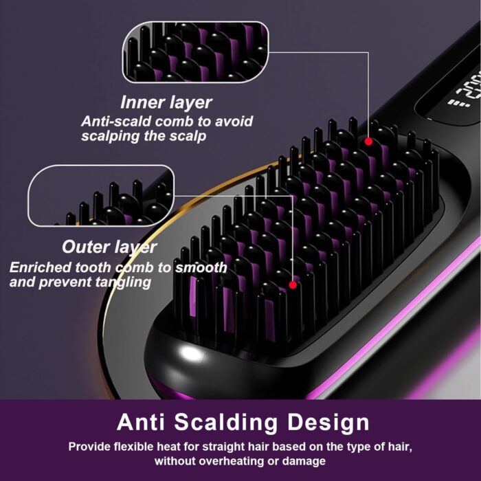 Go Brush Pro 2025 New,Cordless Hair Straightener Brush,Portable Straightener Comb, Straightening Comb Rechargeable Go Travel Hot Combs Mini with Temperature Display for Women(Black) - Image 5