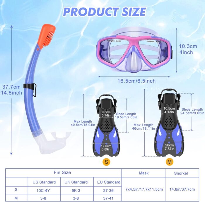 Youth Snorkel Set for Ages 7-16, Snorkeling Gear for Kids with Panoramic View Mask Anti-Fog Anti-Leak Full Dry Top Snorkel Fins Travel Bag for Swimming Diving - Image 6