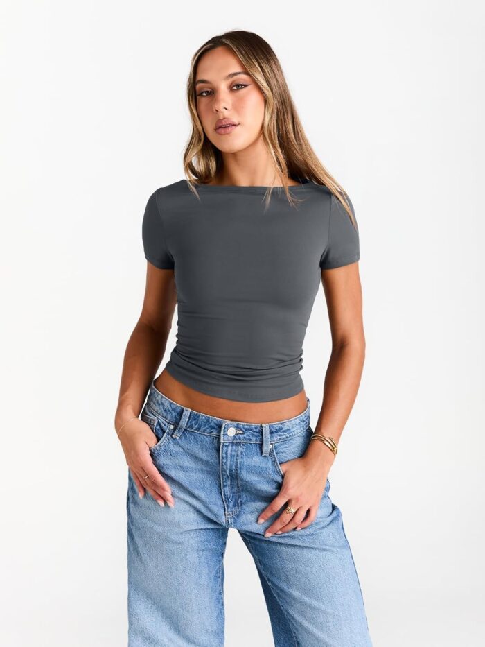 Trendy Queen Womens Boat Neck Tops Short Sleeve T-Shirts Slim Fitted Compression Summer Y2k Basic Clothes 2025 - Image 2