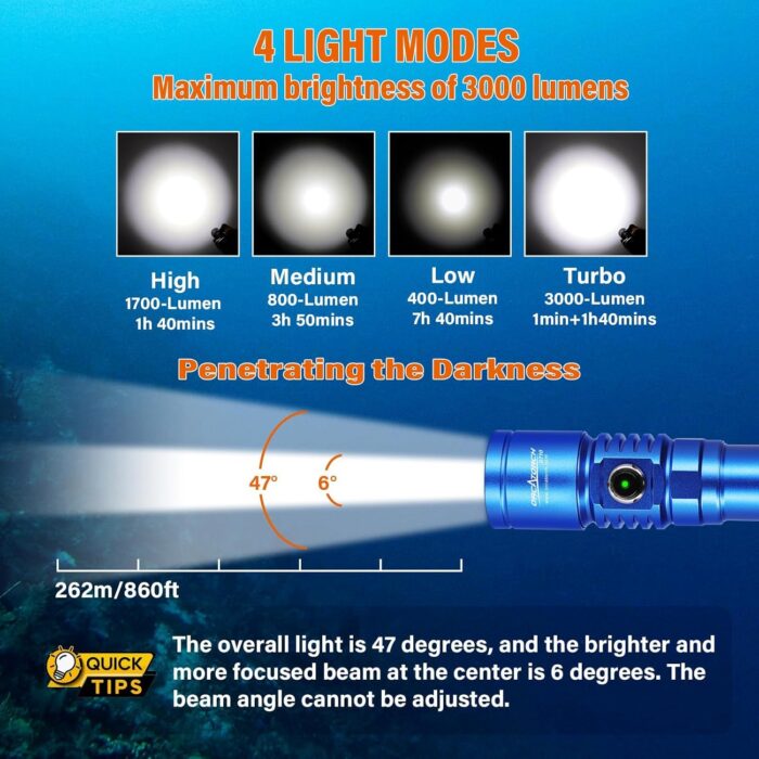 ORCATORCH D710 Scuba Diving Light, 3000 Lumens Super Bright Underwater Flashlight with 6 Degrees Narrow Beam, IP68 Waterproof Night Dive Torch 150 Meters Submersible Light (Blue) - Image 2
