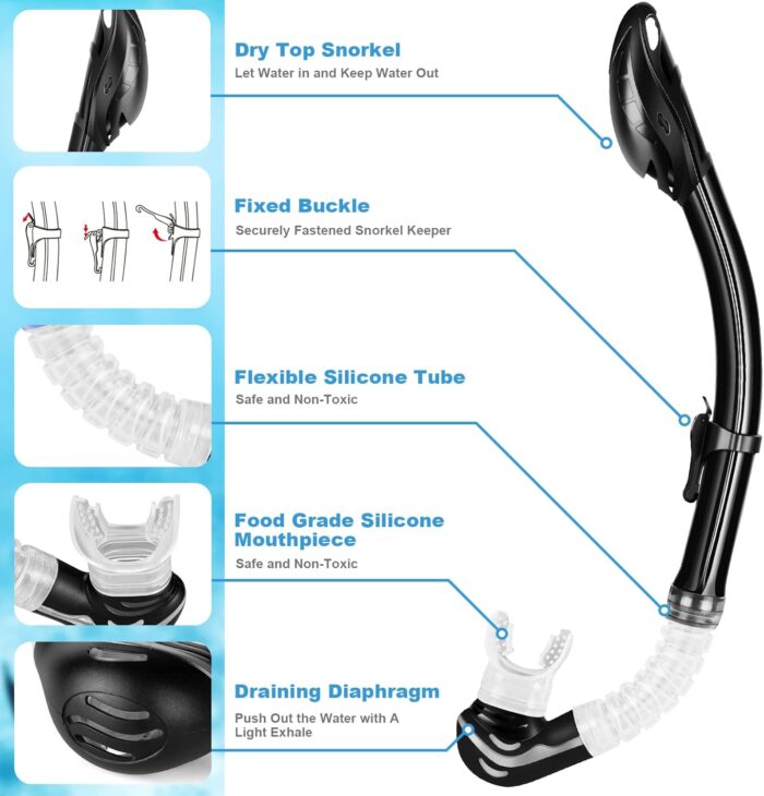 Snorkeling Gear for Adults Kids - Mask Fins Snorkel Set with Panoramic View Snorkel Mask Anti-Fog Anti-Leak, Dry Top Snorkel, Dive Flippers and Gear Bag, Snorkeling Diving Safety Gear - Image 3