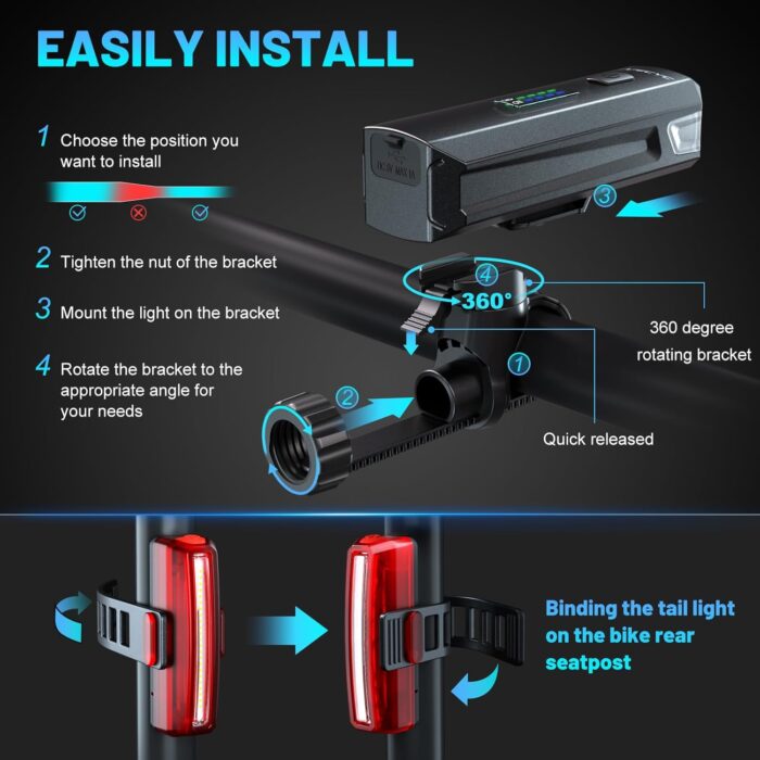 Bike Lights for Night Riding, 1200 Lumen Bicycle Front Headlight and Back Taillight with 4+5 Light Modes, USB Rechargeable Bright Bike Headlights for Cyclists and Commuters - Image 5