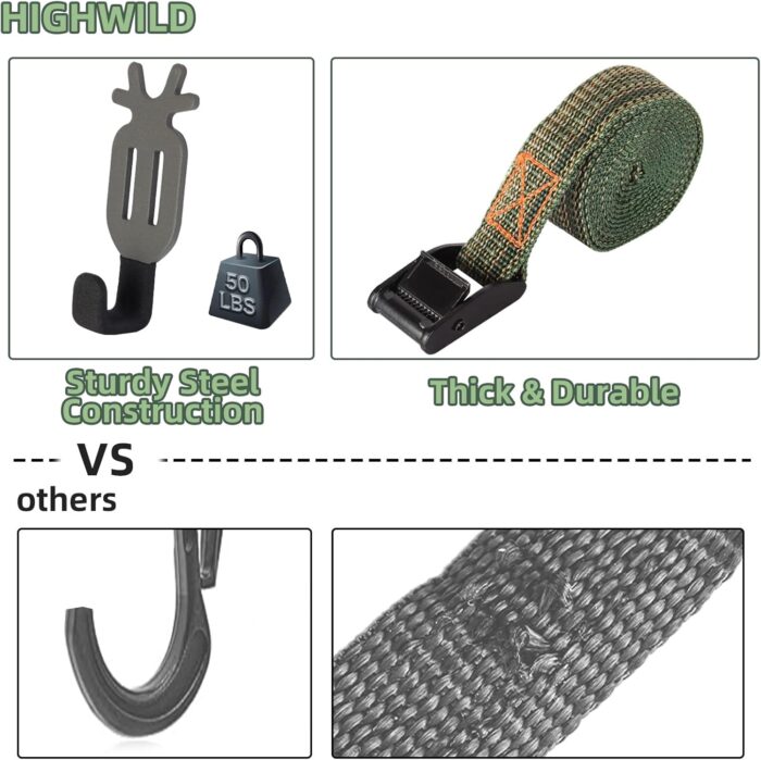Highwild Treestand Strap Gear Hangers for Hunting Gears Bow - Multi-Hook Accessory Holder - NO Plastic Parts - ON Your Tree in Seconds - 5 Hooks Set - Image 5