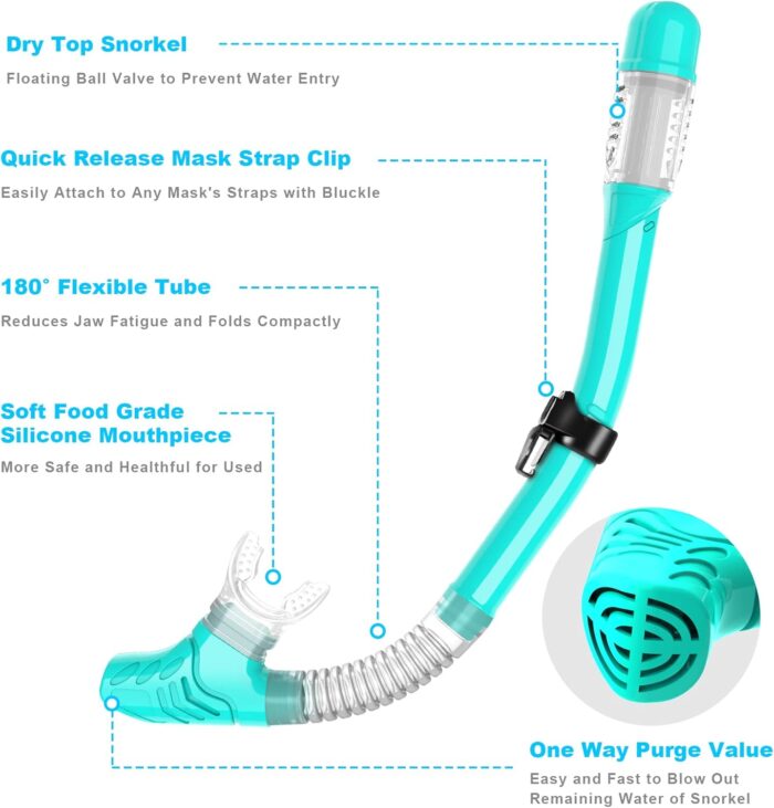 Snorkeling Gear for Adults, Dry Top Snorkel Set with Panoramic Anti-Leak and Anti-Fog Tempered Glass Lens, Adjustable Snorkeling Set for Scuba Diving Swimming Training Snorkel Kit - Image 4