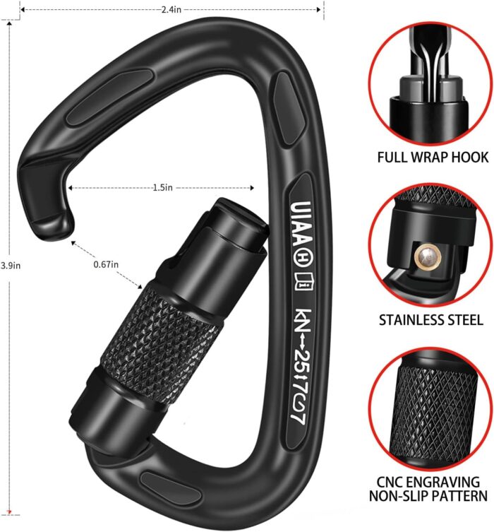 25KN Auto Locking Carabiner - UIAA Certified Heavy Duty Climbing Carabiners for Rock Climbing, Camping, Rappelling, Hunting, Rescue Equipment - Professional Carabiner Clips (Black) - Image 2