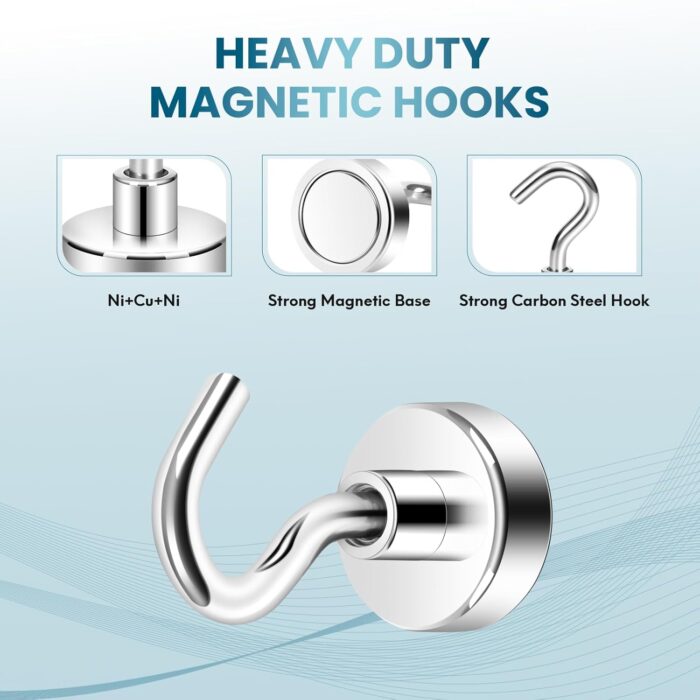Neosmuk Magnetic Hooks,30lb+ Heavy Duty Earth Magnets with Hook for Refrigerator, Extra Strong Cruise Hook for Hanging, Magnetic Hanger for Cabins, Grill (Silver White, Pack of 10) - Image 2