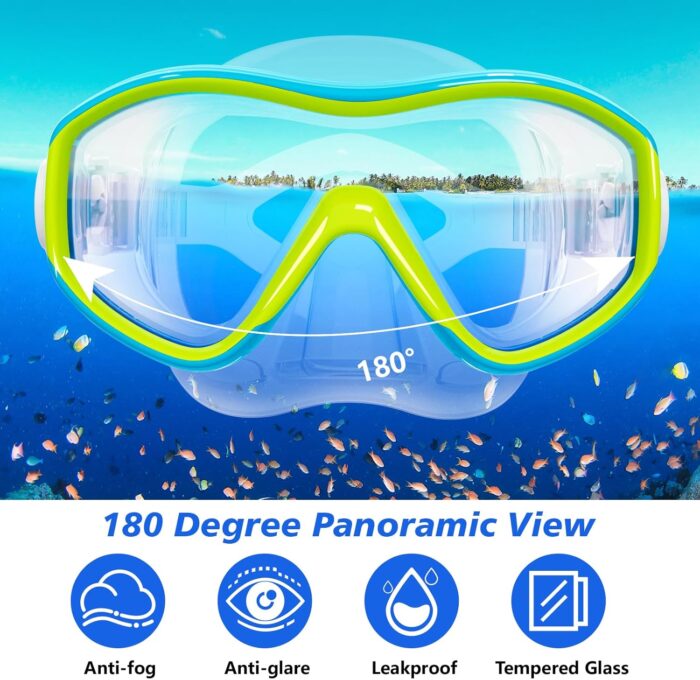 Kids Mask Fins Snorkel Set for Age 5-15,Dry Top Snorkeling Gear for Kids Boys Girls Junior & Youth, Tempered Glass Snorkel Mask with Fins for Swimming Snorkeling - Image 2