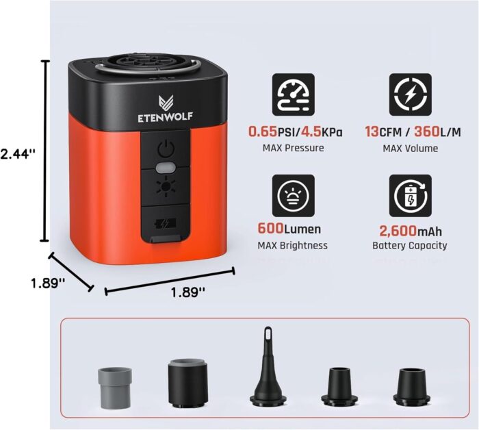ETENWOLF AIR 3 Air Pump for Inflatables with 2600 mAh Battery & Camping Light, Ultra-Fast and Mini Electric Air Pump, Inflate Deflate for Air Mattress, Pool Floats, Vacuum Storage Bags - Image 8