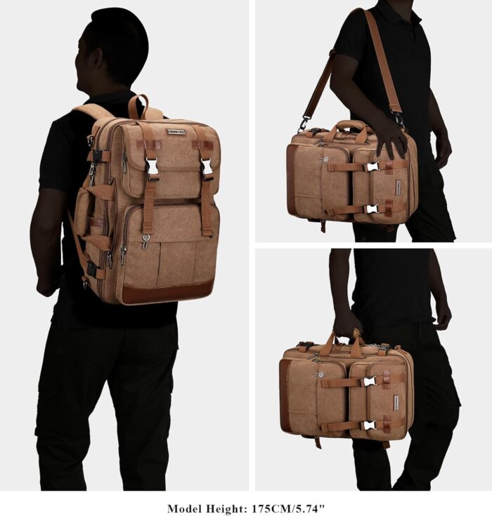 WITZMAN Canvas Travel Backpack for Men Large Laptop Backpack Fit 17 inch Carry-on Airline Approved Convertible Shoulder Rucksack(A6617-3 Brown) - Image 2