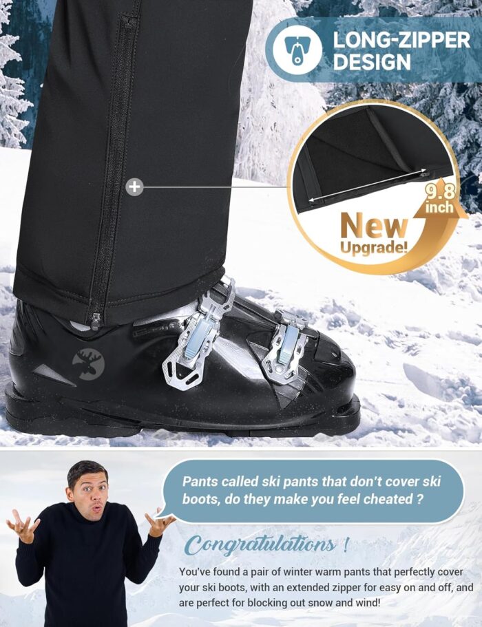 Moosehill Mens-Snow-Ski-Pants-Fleece-Lined-Pants Waterproof Winter Softshell Insulated Zipper Bottom Leg for Hiking Outdoor - Image 3