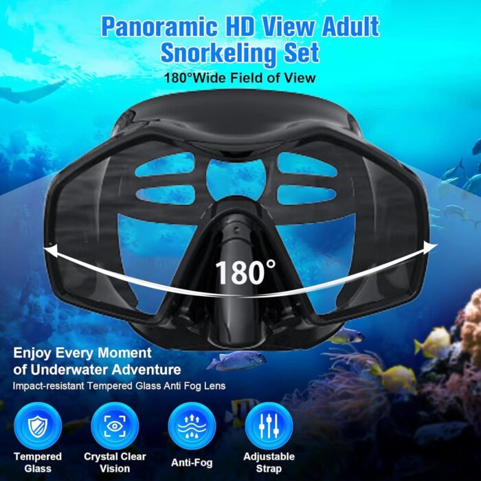 Snorkeling Gear for Adults,Mask Fins Snorkel Set,Panoramic View Diving Mask Anti-Fog,Dry Snorkel,Adjustable Swim Flippers and Travel Bag,Adults Snorkel Gear for Swimming Snorkeling Diving - Image 2