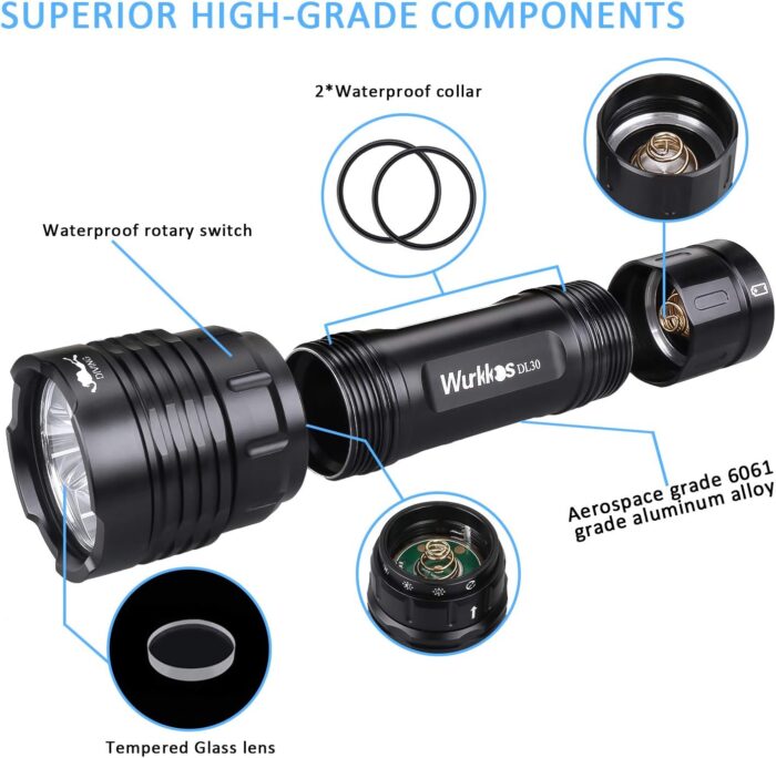 Wurkkos DL30 Dive Light Scuba Diving - Dive Flashlight Super Bright Max 3600 Lumen with 5000K 90CRI 100m Underwater Flashlight for Diving IPX-8 Waterproof Submersible Flashlight with USB Charger - Image 3
