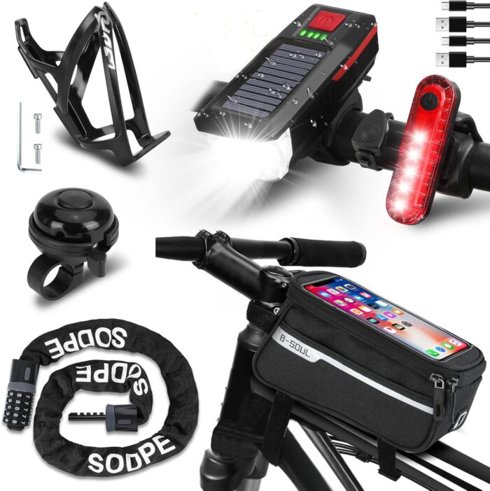 Bicycle Accessories - USB Rechargeable Light Set, Lock, Water Cup Seat, Bag, Bell