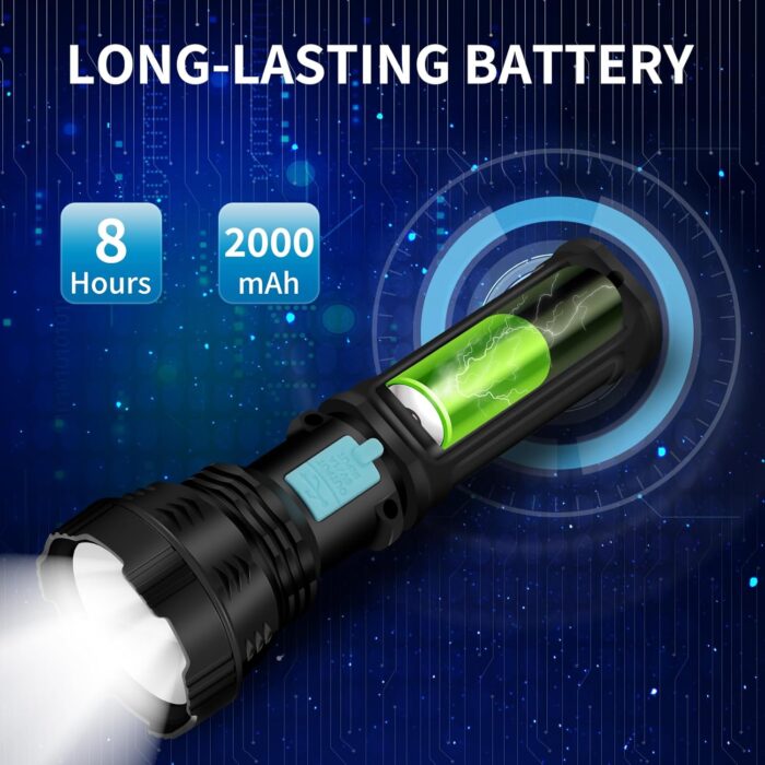 Led Solar Flashlight, 1500 Lumens Led Solar Handheld Rechargeable Flashlights with IP65 Waterproof, 2000mAh Battery for Survival Emergencies Camping (1 Pack) - Image 5