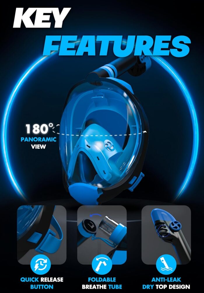 COZIA DESIGN Snorkeling Gear for Adults with Fins - Full Face Snorkel Mask and Swim Fins, 180° Panoramic View Snorkel Mask, Anti Fog and Anti Leak Adult Snorkel Set - Image 4