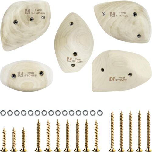 TWO STONES Wooden Rock Climbing Holds for Adults | Wood Rock Wall Climbing Holds for Gyms | Variety Screw On Climbing Hand Holds Set with Mounting Hardware