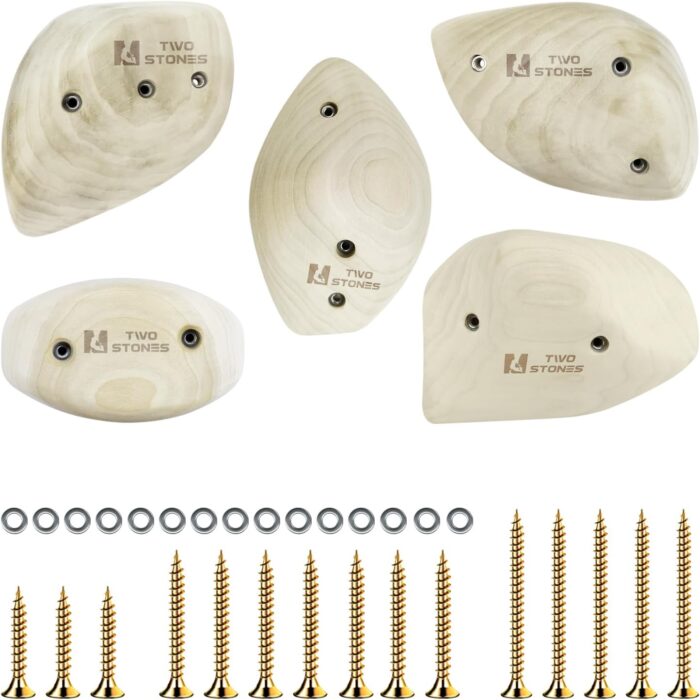 TWO STONES Wooden Rock Climbing Holds for Adults | Wood Rock Wall Climbing Holds for Gyms | Variety Screw On Climbing Hand Holds Set with Mounting Hardware