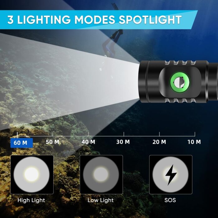 WINDFIRE Dive Light Scuba Diving Flashlight Dive Torch Rechargeable, 3 Modes Underwater Light Waterproof Flashlight, Safety Dive Lights with Power Indicator for Night Diving - Image 3