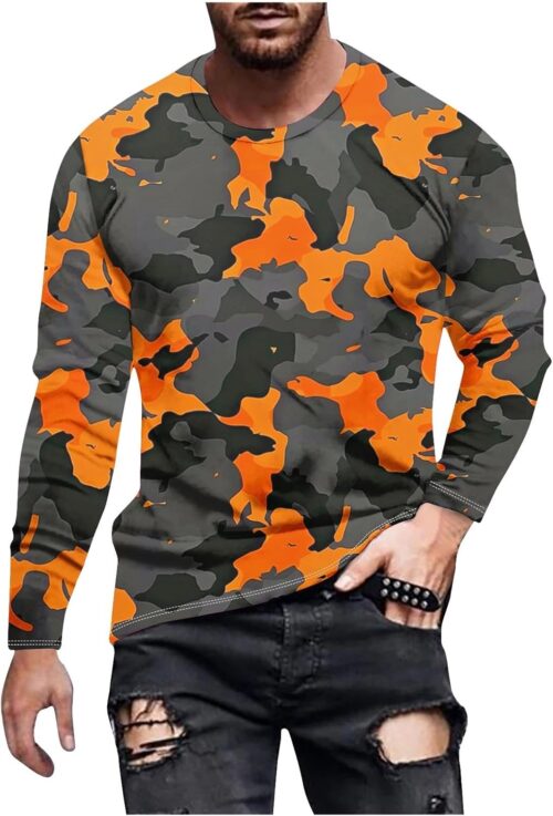 Long Sleeve Shirts for Men Camouflage Print Casual Stylish Workout Crewneck Cotton Sweatshirts Loose Fit Pullover Tees