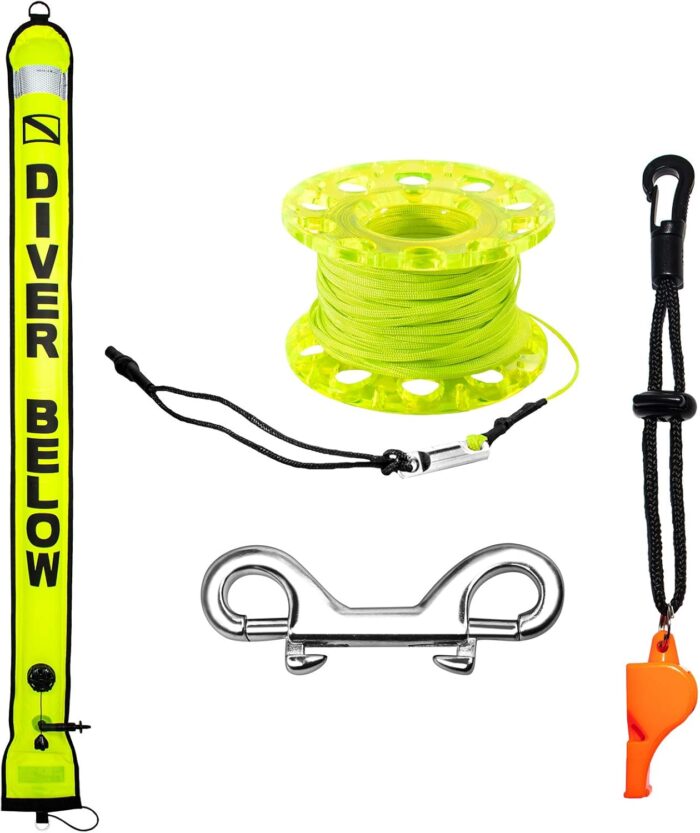 5ft Scuba Diving Surface Marker Buoy (SMB), Safety Sausage with Plastic 98ft Finger Spool Reel and Double Ended Hook Clip + Emergency Whistle for Underwater Diving - Image 8