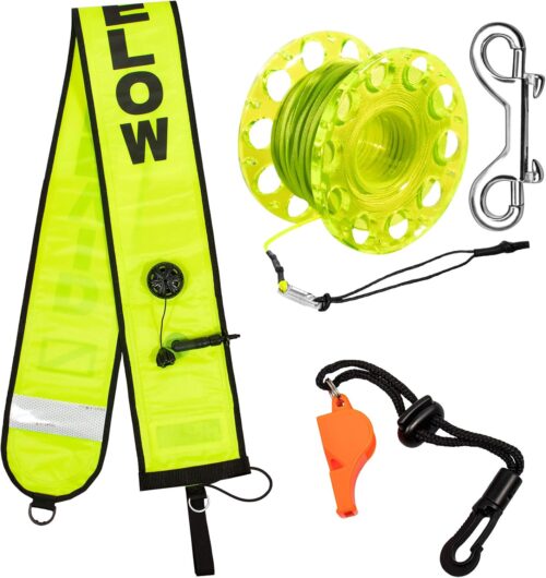 5ft Scuba Diving Surface Marker Buoy (SMB), Safety Sausage with Plastic 98ft Finger Spool Reel and Double Ended Hook Clip + Emergency Whistle for Underwater Diving