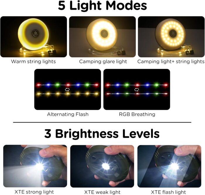 OGERY Camping String Lights, 4 in 1 Quick Storage 32.8FT Rechargeable Tent Lights String with 8 Lighting Modes, Hanging Waterproof Portable LED Lamp for Outdoor Patio Awning Garden Party Essentials - Image 3