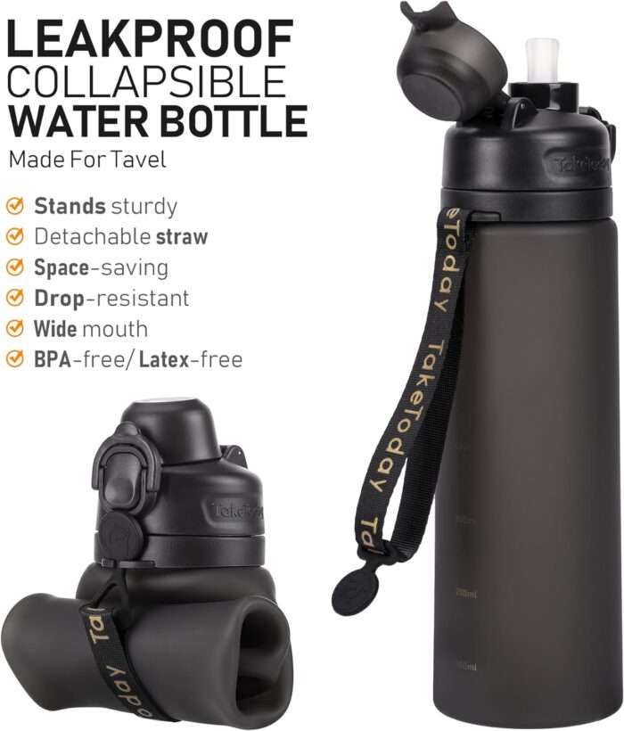 Collapsible Water Bottles 20oz, Leak Proof, BPA-Free, Foldable Silicone Travel Water Bottle with Straw Strap for Cycling, Hiking, Outdoors - Image 4
