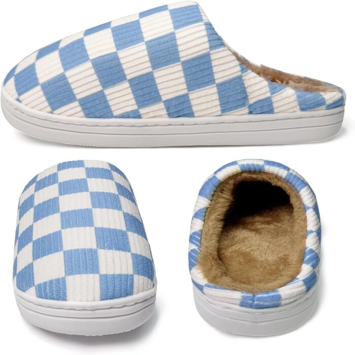 Checkered Memory Foam Slippers - Women's & Men's Soft Warm Bedroom House Slippers with Faux Fur Lining - Indoor/Outdoor - Pink, White, Black - Size 8/9 - Image 2