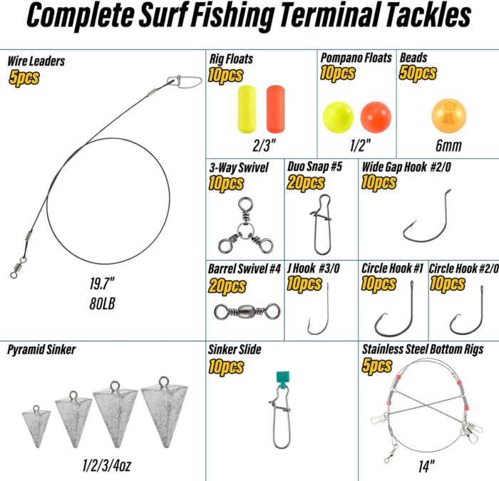 Dr.Fish 269 Pieces Surf Fishing Tackle Box Kit, Saltwater Ocean Beach Fishing Gear Supplies, Lure&Rig Accessories, Bucktail Jigs Saltwater Lures Walking Bait Surf Casting Pyramid Sinkers - Image 3