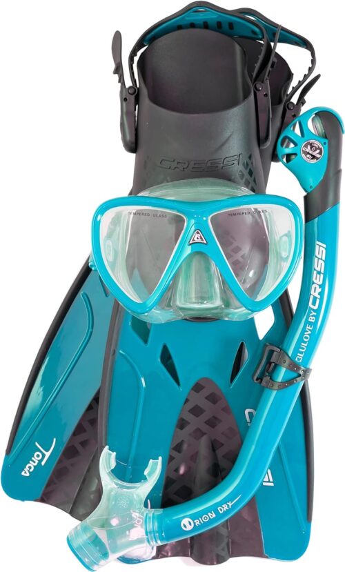 Cressi Adult Complete Snorkeling Set (Mask, Dry Snorkel, Adjustable Fins) - Lightweight Traveling Equipment - Tonga Pro Dry Set: Designed in Italy