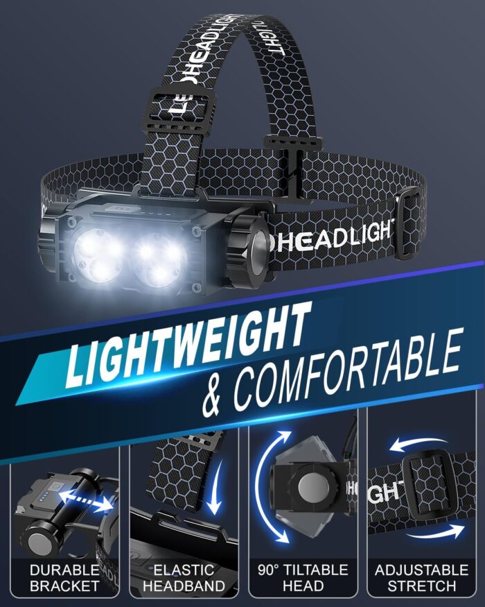 Headlamp Rechargeable 2PCS,4500L Super Bright Light Bright LED Rechargeable Headlight with White Light, Waterproof Head Lamp with Headband for Outdoor Camping, Hiking,Camping Essentials,Working - Image 7