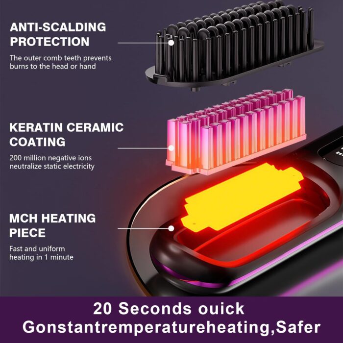 Go Brush Pro 2025 New,Cordless Hair Straightener Brush,Portable Straightener Comb, Straightening Comb Rechargeable Go Travel Hot Combs Mini with Temperature Display for Women(Black) - Image 3