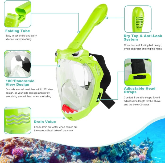 Full Face Snorkel Mask for Kids, Kids Snorkeling Set 180 Degree Panoramic View, Safe Anti-Leak Anti-Fog, Foldable Dry Top Snorkeling Gear for Kids Adult - Image 2