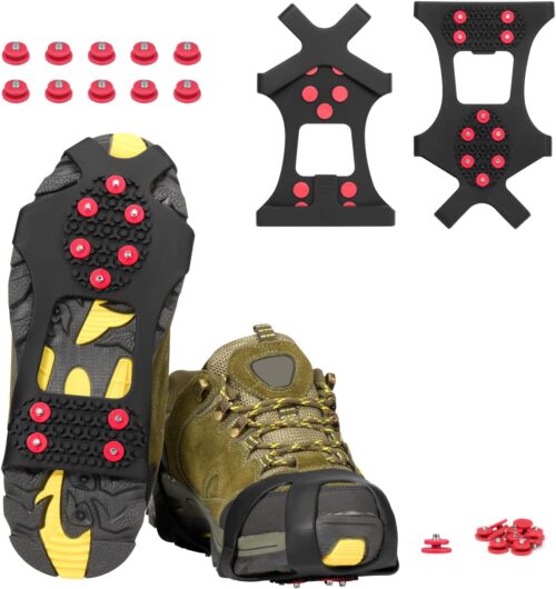 Ice Cleats, Ice Grippers Traction Cleats Shoes and Boots Rubber Snow Shoe Spikes Crampons with 10 Steel Studs Cleats Prevent Outdoor Activities from Wrestling