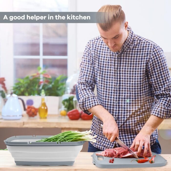 Gintan Camping Cutting Board, 9-in-1 Collapsible Chopping Board with Colander, Kitchen Vegetable Washing Basket for Camping, Camping Gifts Camping Accessories for RV Campers (Gray) - Image 2
