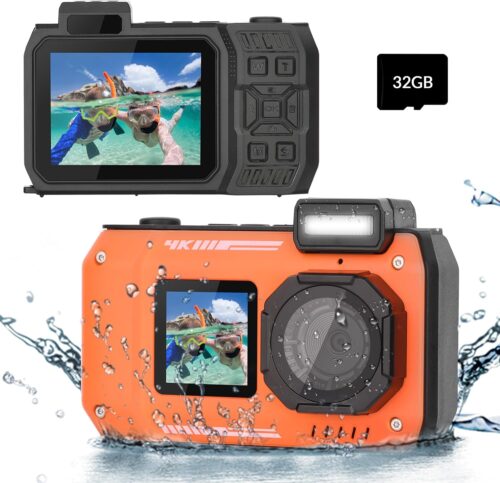 4K Underwater Camera 33 FT Waterproof Camera with Dual Screens Selfie Digital Camera Built-in 2500 mAh Battery 48MP Autofocus Waterproof Digital Camera for Snorkeling, Novice Photographer,Orange