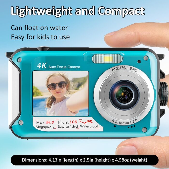 4K Underwater Camera 11FT Waterproof Camera with 32GB Card 56MP Autofocus Dual-Screen Selfie Underwater Camera for Snorkeling Waterproof Compact Floatable Digital Camera 1250mAh Battery Type-C (Blue) - Image 6