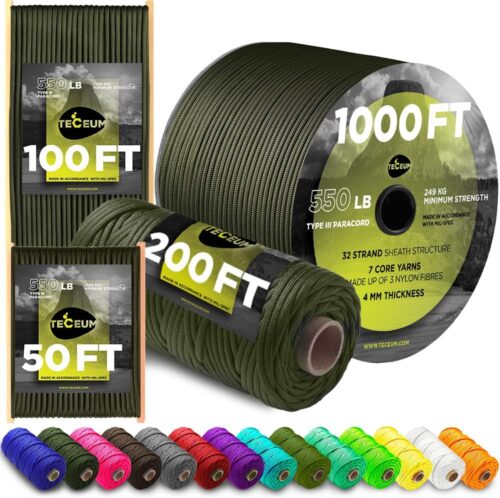TECEUM Paracord Type III 550 Army Green – 200 ft – 4mm – Tactical Rope MIL-SPEC – Outdoor para Cord –Camping Hiking Fishing Gear and Equipment – EDC Parachute Cord – Strong Survival Rope