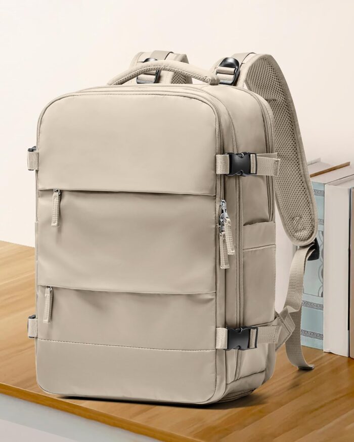 coowoz Large Travel Backpack For Women Men,Carry On Backpack Flight Approved,Hiking Backpack Waterproof Outdoor Rucksack Casual Daypack Fit 15.6 Inch Laptop Shoes Compartment (Khaki-L) - Image 2