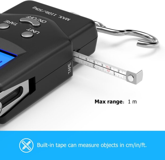 Dr.meter Fish Scale Luggage Scale - PS01 110lb/50kg Backlit LCD Display Digital Scale with Built-in Measuring Tape - Fishing Scale with 2 AAA Batteries, Pocket Size - Fishing Gifts for Men - Image 3
