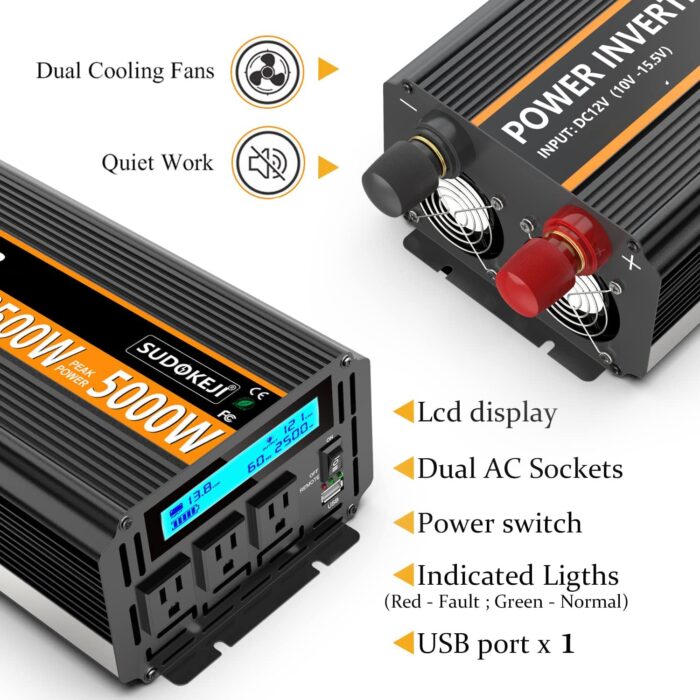 SUDOKEJI 2500W Power Inverter 12V DC to AC 110V/120V (Peak) 5000W Converter 3 sockets car Inverter with Remote Control and LED Display 3.4v USB Port - Image 6
