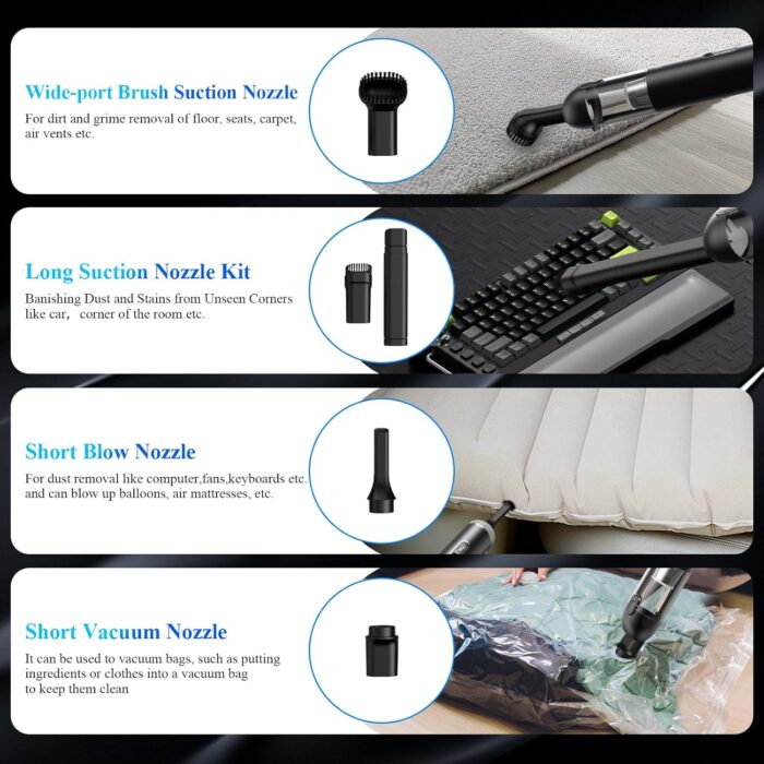 Car Vacuum Portable Cordless - 20000PA High Power Handheld Vacuum with LED Display, 2.5H Fast Charging Up to 45 Mins of Runtime, Hand Vac Cordless Rechargeable for Car Home Corner Cabinet - Image 5