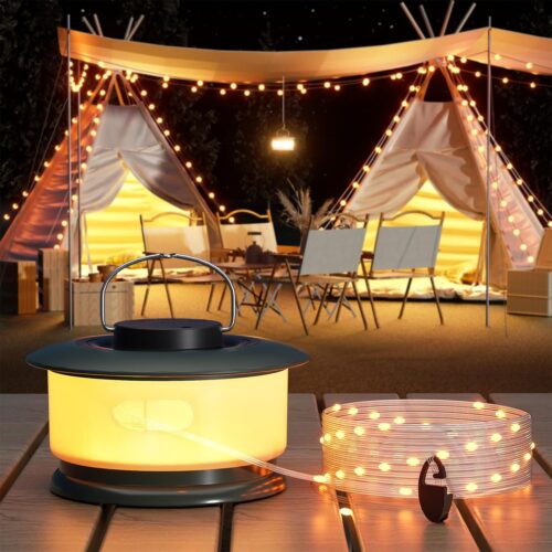 Hokone Camping String Lights, 32.8FT 22 Lighting Modes, Waterproof, Rechargeable, Quick Storage Portable Tent Lights Perfect for Outdoor, Indoor, Party, Patio, Garden, Camping, Holiday Decor