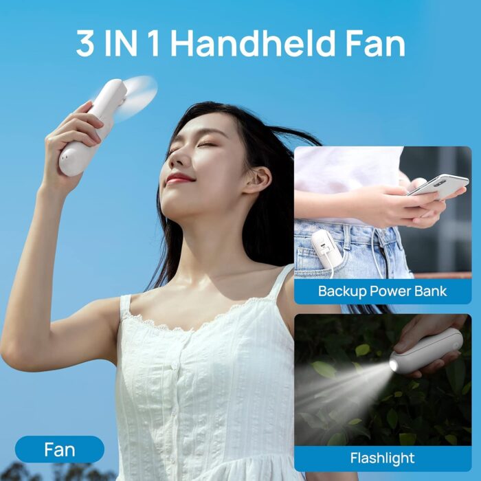 JISULIFE Portable Handheld Fan, Mini 3 In 1 with Rechargeable Battery, Personal Pocket Fan for Travel, Outdoor, USB Power Bank, Flashlight, Essential Ideal Gifts for Men/Women/Family/Friends - White - Image 7